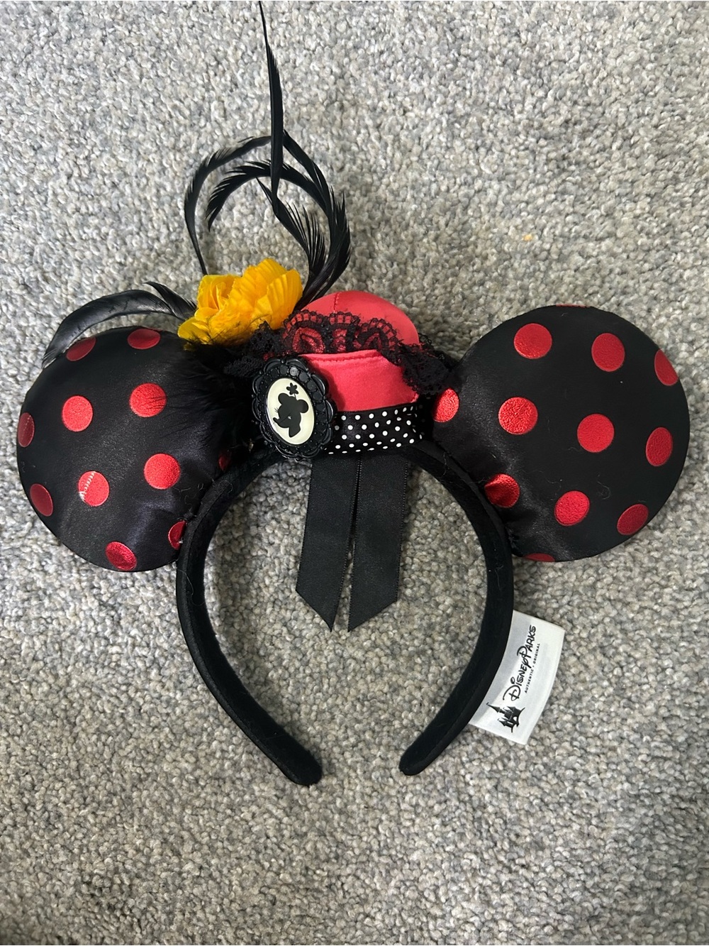 Disney Black Minnie Ear Headband with Red Polka and Yellow Flower Accent